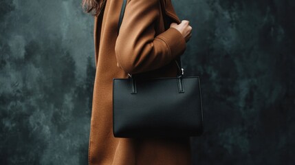 Woman in brown coat with black handbag by textured backdrop