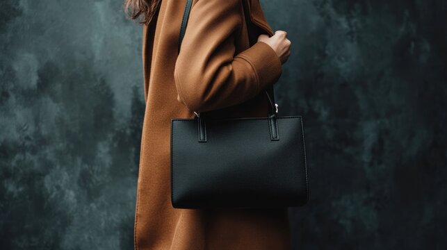 Woman in brown coat with black handbag by textured backdrop
