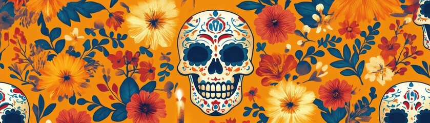 Obraz premium Colorful floral pattern featuring skulls, perfect for Halloween or Day of the Dead celebrations, adding a vibrant touch to any design.