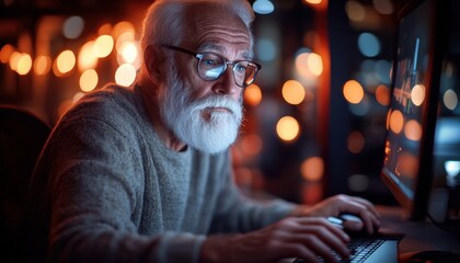 Obraz premium Elderly man working late at night with a computer and warm lights