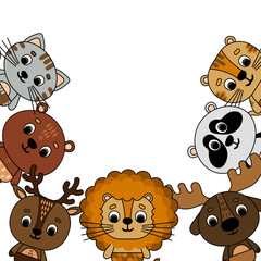 Cat, bear, deer, lion, elk, panda, tiger. Children's animal background. Cute animals in the jungle on white. Vector illustration in flat style