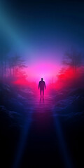 Obraz premium A solitary figure walks through a vibrant misty landscape at twilight near a serene forest