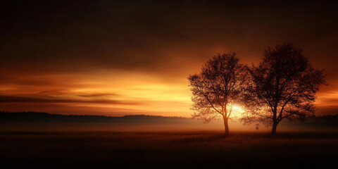 Fototapeta premium Serene sunset over a tranquil landscape with silhouetted trees on the horizon