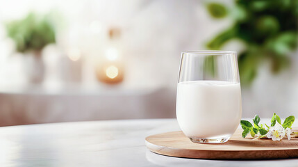 A fresh glass of milk on a wooden tray, surrounded by greenery, perfect for a healthy lifestyle or kitchen setting.