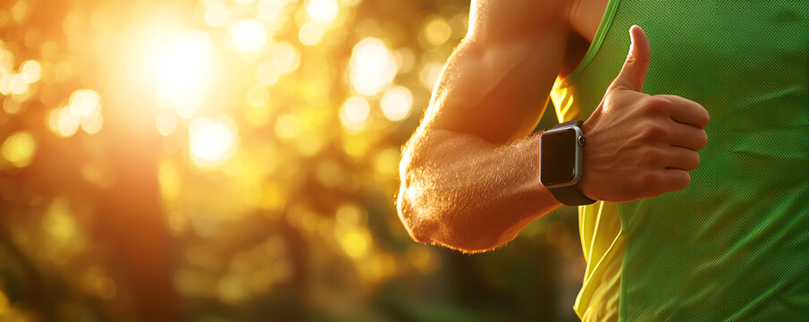 A fit runner enjoying the sunset while exercising outdoors, showcasing a healthy lifestyle and use of a smartwatch.