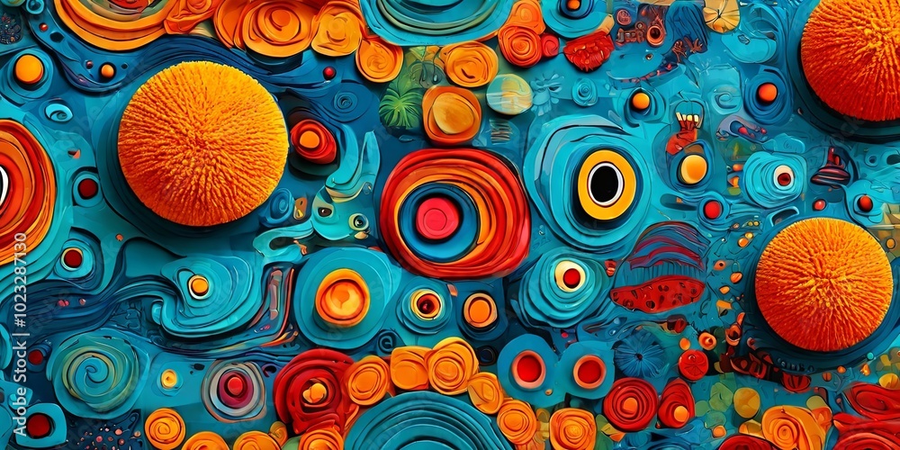 Poster A colorful abstract painting with many different shapes and sizes of circles
