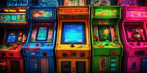 A row of brightly colored arcade games with a blue one in the middle