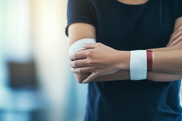 Bandaged Arm of a Person in a Blue Shirt