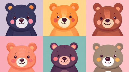 Fototapeta premium Set Bear card templates. Cute cartoon bear faces,paper art and digital craft style.