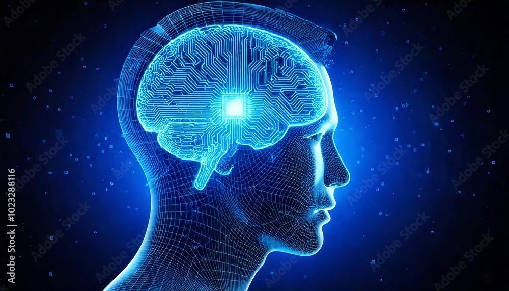 Poster digital brain with circuit and ai 3d rendering technology