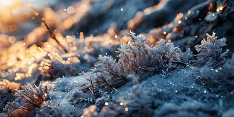 A snowy landscape with frosty plants and a bright sun in the background