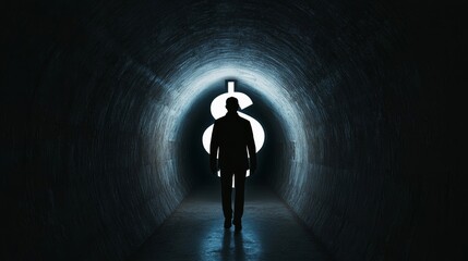 Obraz premium Abstract human silhouette walking into a dark tunnel shaped like a dollar sign, symbolizing the unknown future and burden of debt 
