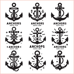Set of sea anchor symbol set isolated anchor with a heart charm on white background vector illustration