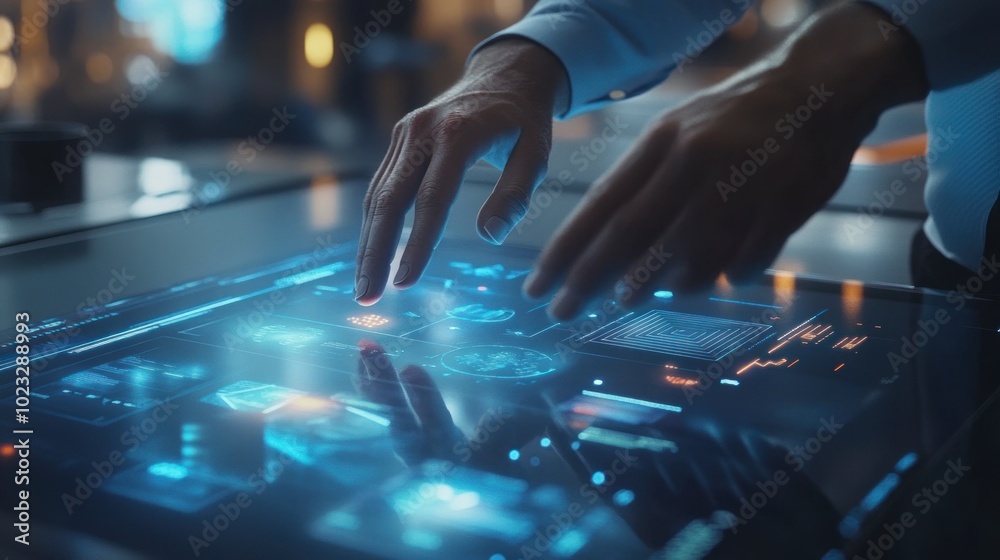 Poster a person interacting with a futuristic touchscreen interface displaying data and images.