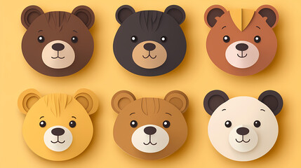 Set Bear card templates. Cute cartoon bear faces,paper art and digital craft style.