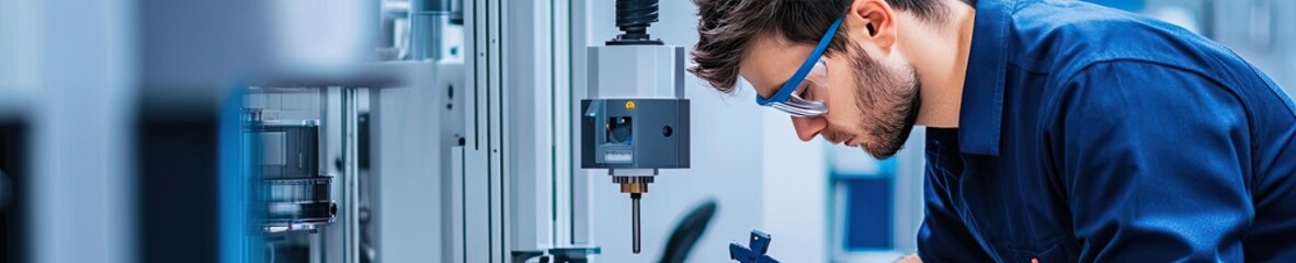 Fototapeta premium A focused technician works diligently at a precision machine, showcasing engineering skill and modern tools in a vibrant workshop.