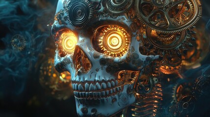 A futuristic steampunk skull adorned with mechanical gears and glowing eyes, capturing the essence of innovation and artistry.
