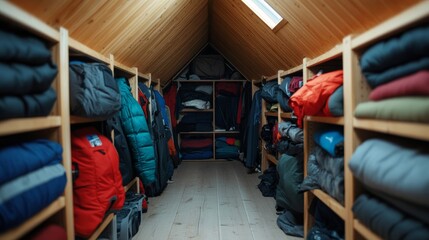 Fototapeta premium Cluttered attic filled with dusty, unused sports gear and camping equipment, representing the accumulation of unnecessary things 
