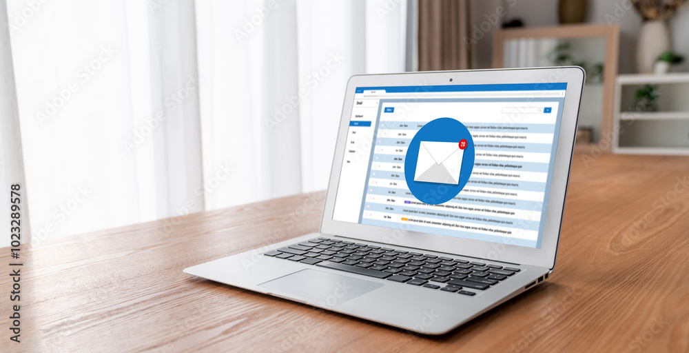 Poster email notification message showing on computer screen snugly. digital marketing message information 