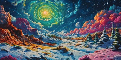 Naklejka premium A painting of a snowy landscape with a bright yellow sun in the center