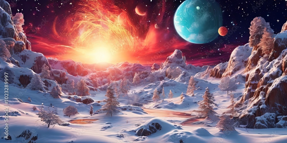Poster the sky is filled with stars and planets, creating a sense of wonder and awe