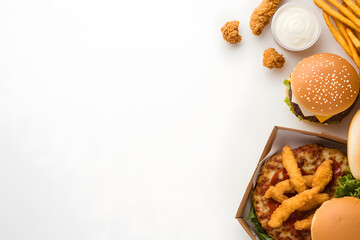 Top View of Fast Food: Pizza Box, Burger, and Chicken | Delicious Takeout Options for Food Lovers
