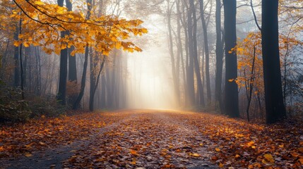 Fototapeta premium fallen autumn leaves scattered across a misty forest path, morning fog, mystical atmosphere