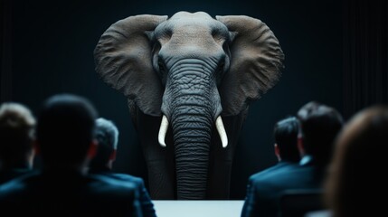 Fototapeta premium Elephant standing in the corner of a boardroom during a meeting, people debating intensely, ignoring the obvious problem, corporate metaphor 