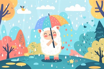 Adorable lamb holding rainbow umbrella in colorful rainy forest