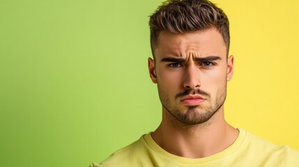 Obraz premium Frustrated young man with a furrowed brow and raised eyebrow, glaring directly ahead, isolated on a green-to-yellow gradient background 