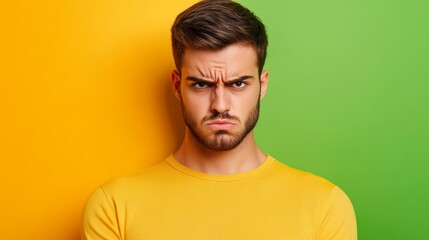 Obraz premium Frustrated young man with a furrowed brow and raised eyebrow, glaring directly ahead, isolated on a green-to-yellow gradient background 