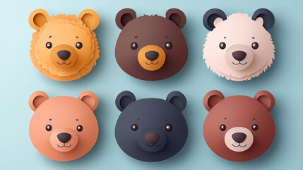Obraz premium Set Bear card templates. Cute cartoon bear faces,paper art and digital craft style.