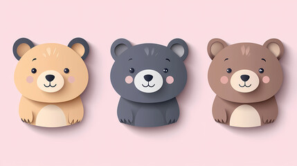 Obraz premium Set Bear card templates. Cute cartoon bear faces,paper art and digital craft style.