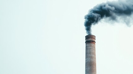 Isolated factory chimney with dark smoke billowing out, white background, space for text, industrial air pollution representation 