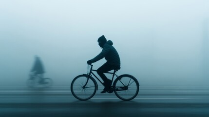 Obraz premium Masked cyclist riding through smog-filled streets, dense pollution hanging in the air, low visibility, muted tones reflecting unhealthy environment 