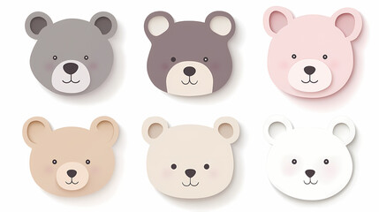 Set Bear card templates. Cute cartoon bear faces,paper art and digital craft style.