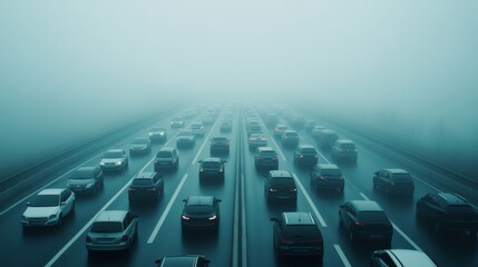 Obraz premium Massive traffic jam on a foggy highway, countless cars stuck, thick smog overhead, muted colors reflecting poor air quality and urban stress 