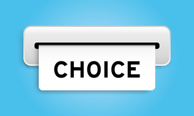 White coupon banner with word choice from machine on blue color background