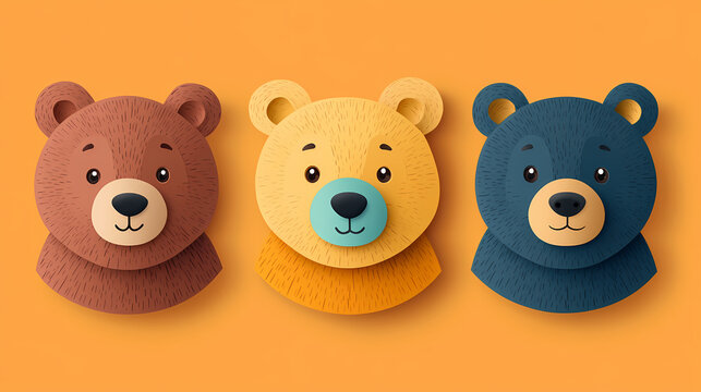 Set Bear card templates. Cute cartoon bear faces,paper art and digital craft style.