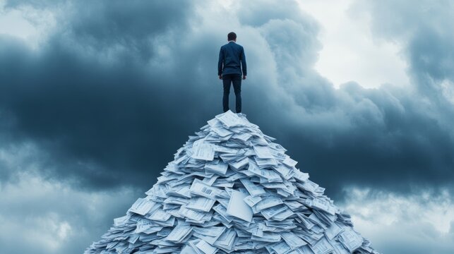 Person climbing a steep mountain of overdue bills with a dark storm cloud following them, illustrating financial struggle and debt 