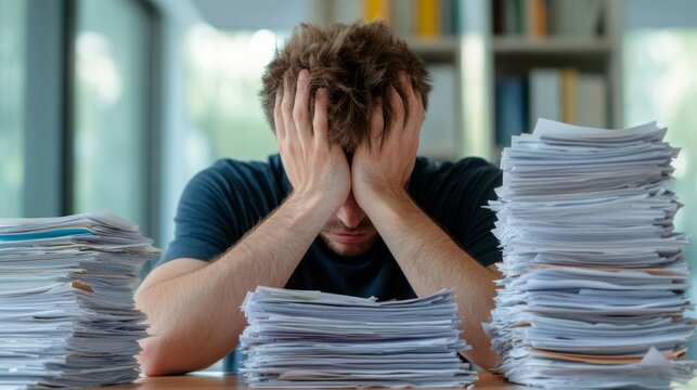Person sitting at a table overwhelmed by stacks of mail, magazines, and unnecessary papers, representing excess paper clutter 