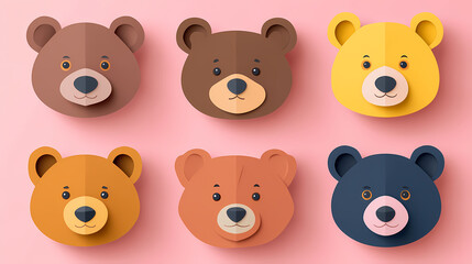 Set Bear card templates. Cute cartoon bear faces,paper art and digital craft style.