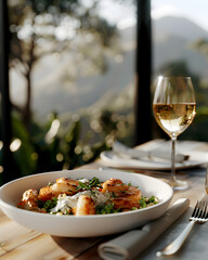 Delicious, healthy and beatiful meal on an outdoor patio that overlooks a view of the forrest and moutains. There's a glass of whine and the sunrays.  © bydanielastudio