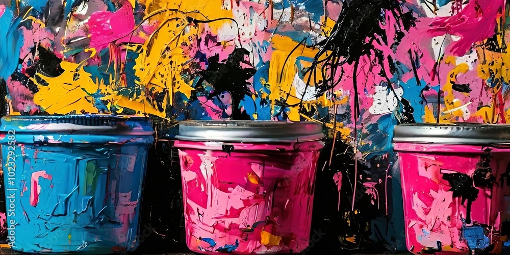 Aufkleber three paint cans are splattered with paint, creating a colorful