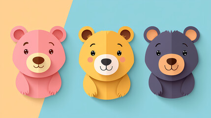 Set Bear card templates. Cute cartoon bear faces,paper art and digital craft style.