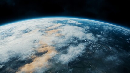Satellite view of Earth with a large area covered in thick pollution, visible brown and gray clouds spreading across continents, environmental crisis concept 