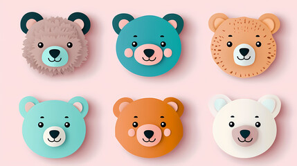 Set Bear card templates. Cute cartoon bear faces,paper art and digital craft style.