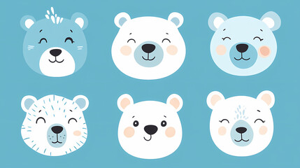 Set Bear card templates. Cute cartoon bear faces,paper art and digital craft style.