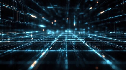 A futuristic digital landscape with glowing lines and points, suggesting a virtual environment.