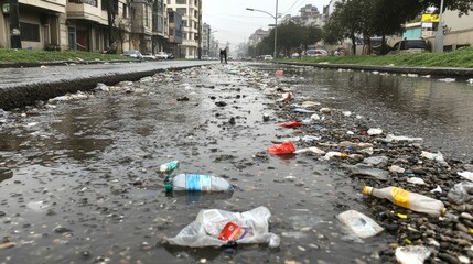 Urban street drains clogged with plastic bags, bottles, and wrappers, causing flooding and pollution in the city 